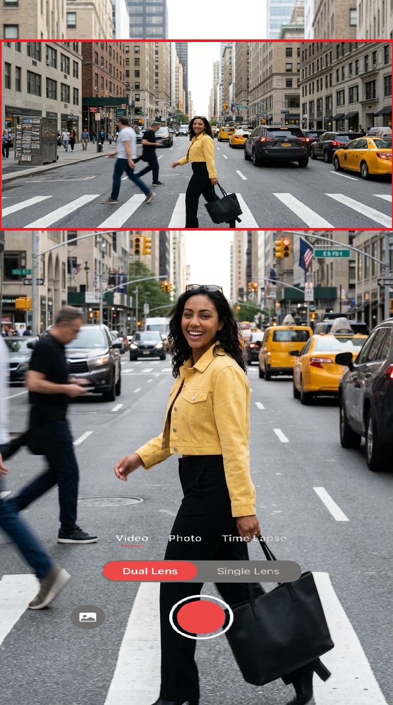 DualTake screenshot showing a creator captured in vertical framing with a wide landscape preview.