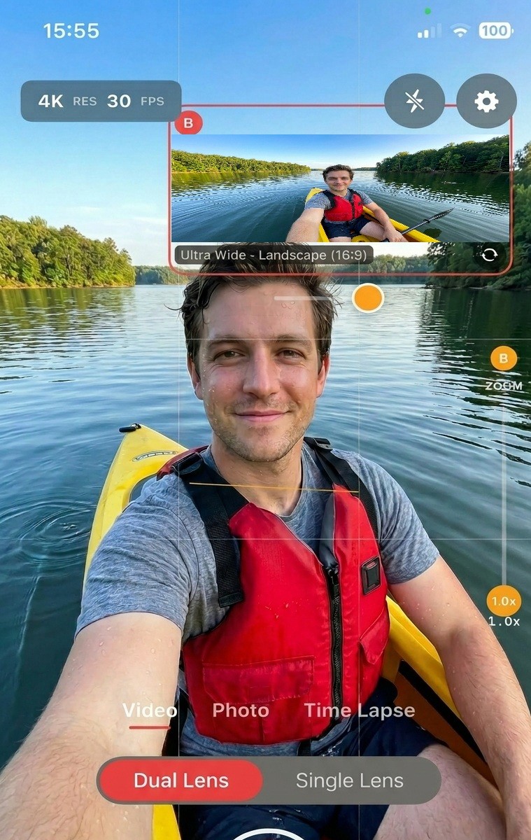 DualTake screenshot of a kayaking scene with a landscape preview inset above the portrait view.